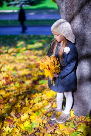 Little beautiful girl on the autumn meadow in a sunny fall dayの写真素材