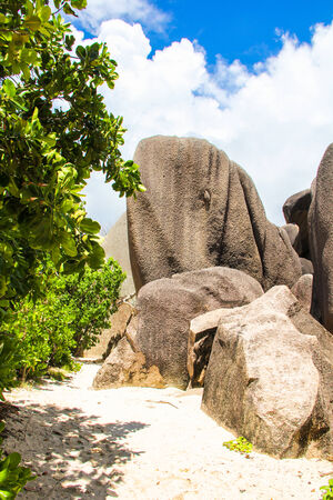 Exotic beach with big stones at Seychellesの写真素材