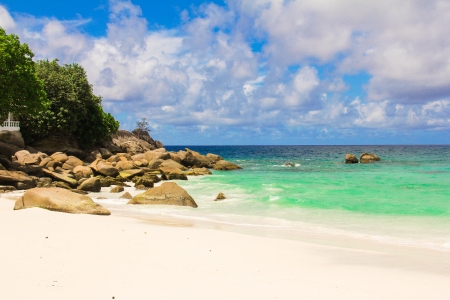 Landscape of beautiful exotic tropical beach at Seychelle islandの写真素材