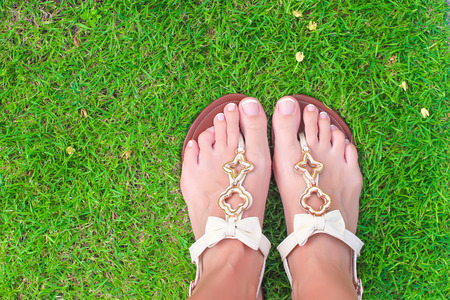 Closeup of bright flip flops and legs on green grassの写真素材