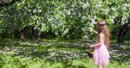 Little adorable girls with butterfly wings under blossoming apple treeの写真素材