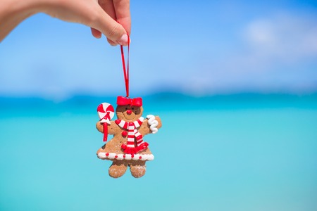 Christmas gingerbread cookies on a white sandy beachの写真素材