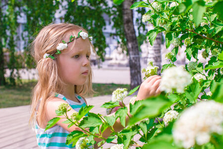 Little adorable girl near white flowers in the parkの写真素材