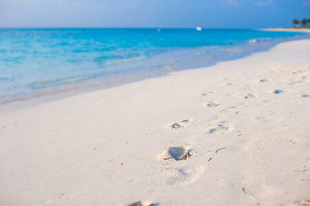 Human footprints on the white sand of Caribbean islandの写真素材