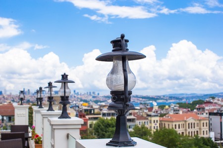 Beautiful wonderful lamps with view of the old district, Istanbulの写真素材