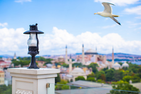 A lamp with Incredible beautiful view of Hagia Sophia from hotel terraceの写真素材
