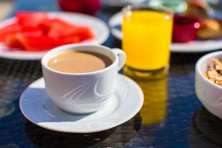Cacao, juice and fruits for breakfast at a cafe in the resortの写真素材