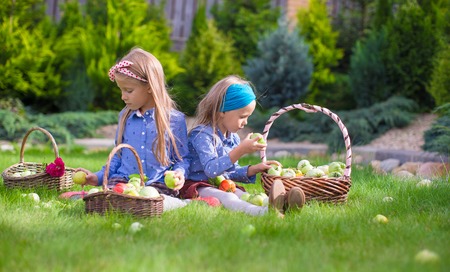Two little adorable girls with great autumn harvest of tomatoesの写真素材