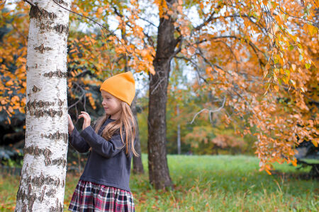 Adorable little girl at beautiful autumn day outdoorsの写真素材