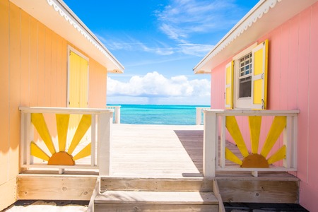 Bright colored houses on an exotic Caribbean islandの写真素材