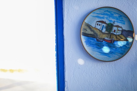 Typical blue door with stairs. Santorini island, Greeceの写真素材