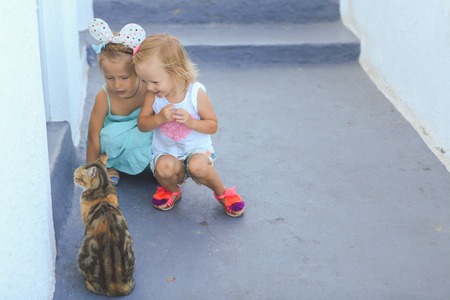 Little adorable girls sitting near cat in Greek village, Emporio, Santoriniの写真素材