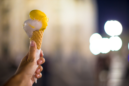 Closeup of ice cream in waffle at the eveningの写真素材