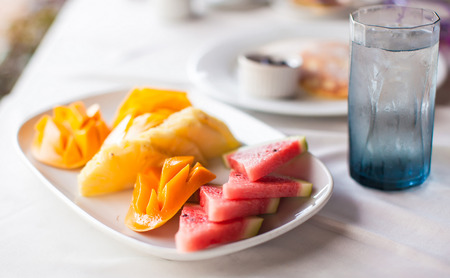 Healthy breakfast on the table close up in outdoor cafeの写真素材