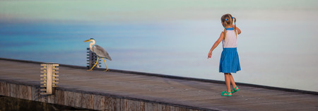 Adorable happy little girl with Grey heron on beach vacationの写真素材