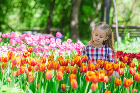 Little adorable girl in the lush garden of tulipsの写真素材