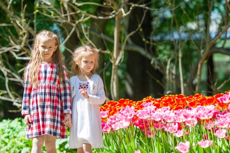 Little adorable girls walking in lush garden of tulipsの写真素材