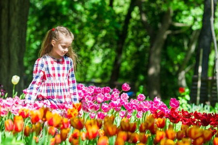 Little beautiful girl in tulips garden at warm spring dayの写真素材
