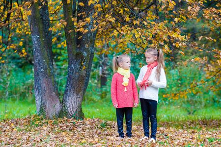 Two adorable girls in forest at warm sunny autumn dayの写真素材
