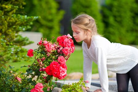 Little adorable girl sitting near colorful flowers in the gardenの写真素材