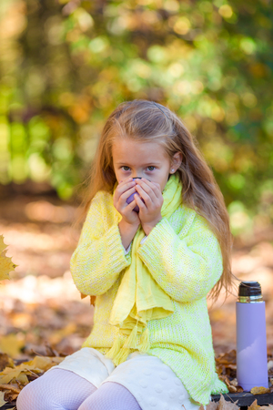 Adorable little girl at beautiful autumn day outdoorsの写真素材