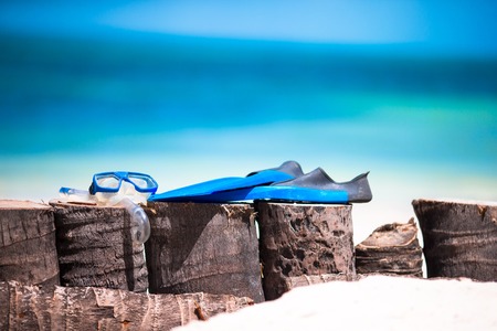 Snorkeling set on white beach background turquoise waterの写真素材