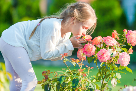 Little adorable girl sitting near colorful flowers in the gardenの写真素材