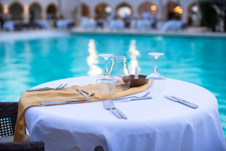 Summer empty open air cafe near sea at exotic islandの写真素材