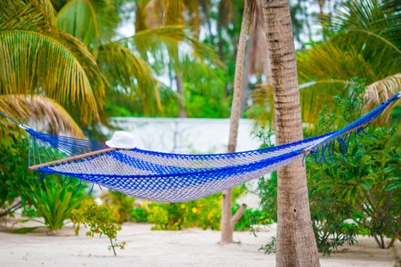 View of cozy straw hammock on the tropical white beachの写真素材