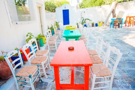 Summer empty openair cafe in popular area in Mykonos Little Veniceの写真素材