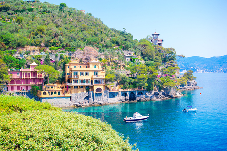 Beautiful sea coast with colorful houses in Portofino, Italy. Summer landscape.の写真素材