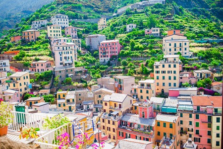 View on architecture of Manarola village. Manarola is one of the most popular old village in Cinque Terre, talyの写真素材