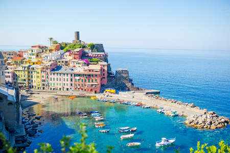 View on beautiful Vernazza town from above. Vernazza is one of the most popular old village in Cinque Terre, Italyの写真素材
