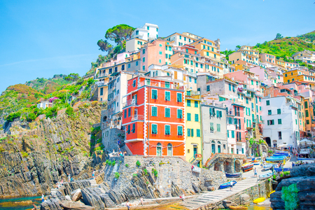 View on architecture of old italian village Riomaggiore is one of the most popular old village in Cinque Terre, talyの写真素材