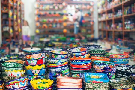 Colorful traditional mexican ceramics on the street marketの写真素材
