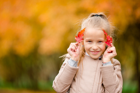 Portrait of adorable little girl outdoors at beautiful autumn dayの写真素材