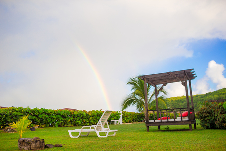 Beach sunbed on exotic tropical resort on Caribbeanの写真素材