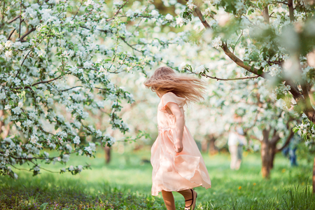Cute girl in blooming apple tree garden enjoy the warm dayの写真素材