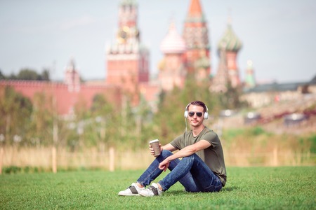 Happy young urban man enjoy his break in the cityの写真素材