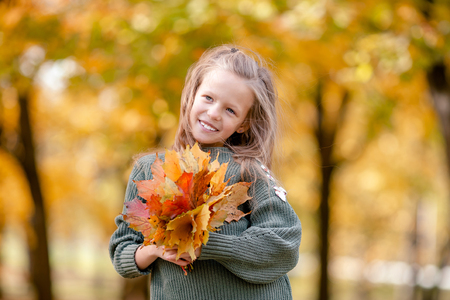 Portrait of adorable little girl with yellow leaves bouquet in fallの写真素材