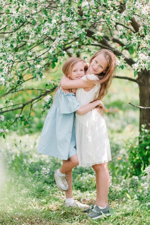 Adorable little girls in blooming apple tree garden on spring dayの写真素材