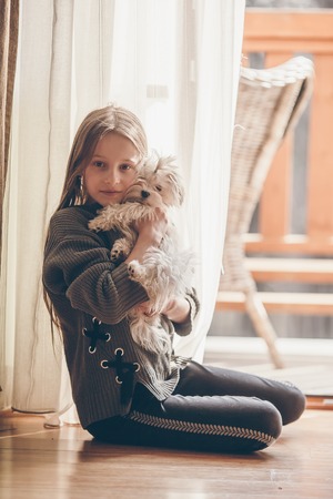 Little girl with a white puppy. A puppy in the hands of a girlの写真素材
