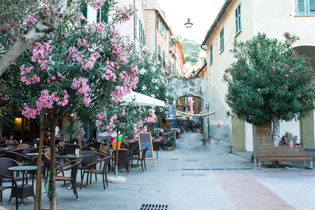 Old beautiful empty narrow streets in small city of Monterossoの写真素材