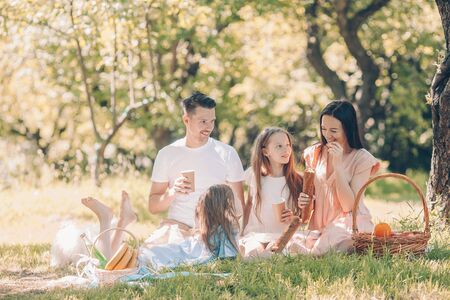 Happy family on a picnic in the park on a sunny dayの写真素材