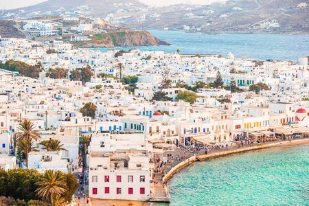 View of traditional greek village with white houses on Mykonos Island, Greece,の写真素材