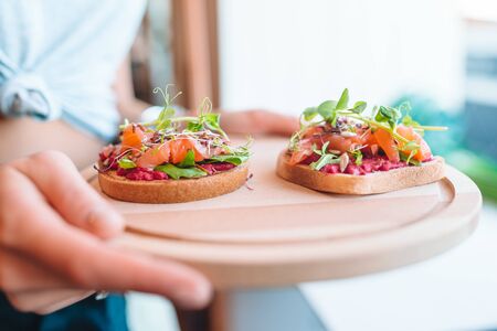 Italian bruschetta: Crispy baked Italian ciabatta bread with cherry tomatoes, basil and parmesan...