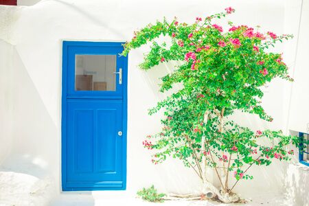 Traditional houses withe blue doors in the narrow streets of Mykonos, Greece.の写真素材