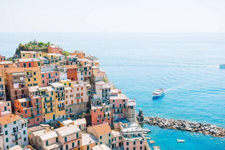 Amazing view of the beautiful village of Manarola in the Cinque Terre Reserve.の写真素材