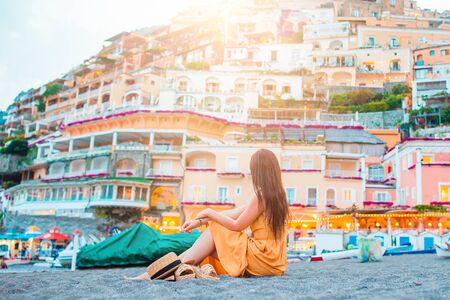 Young woman in Positano beach on Amalfi Coast, Italyの写真素材