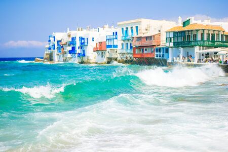 Beautiful famous landmark Little Venice in Mykonos Island on Greece, Cycladesの写真素材